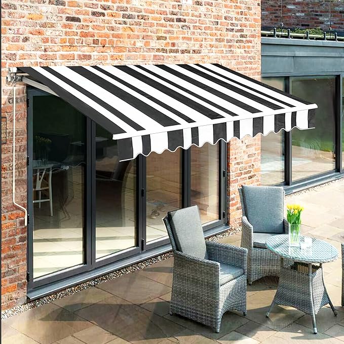 MCombo 13.2x7.8 Feet Manual Retractable Patio Door Window Awning Sunshade Shelter Outdoor Canopy,1308 (White with Black Stripes, 13.2'(L) x 7.8'(W))