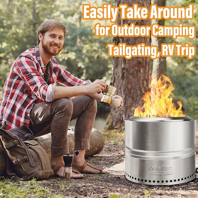 Onlyfire Smokeless Fire Pit with Carrying Bag, 20” Portable Outdoor Fire Pit for Camping Tailgating Patio Backyard Bonfire Party, 360°Air Flow Wood Burning Fireplace, Stainless Steel