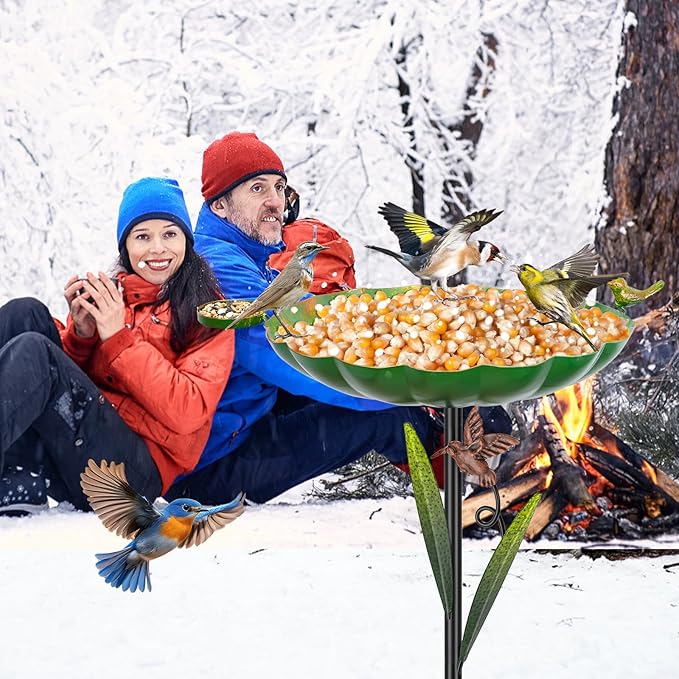 Metal Bird Bath for Outside, Detachable Birdbath Sturdy 5-Prong Stake Base with Bowl & Decorative Birds, Durable Iron Garden Birdbath Feeder for Outdoor Garden Yard Patio Decor(Retro Green)