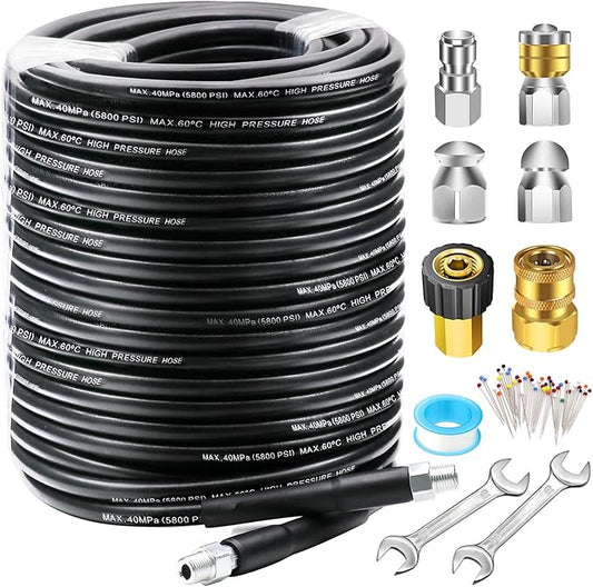 150FT Sewer Jetter Kit for Pressure Washer, 5800PSI Drain Cleaner Hose 1/4 Inch NPT, Corner, Rotating and Button Nose Sewer Jetting Nozzle Waterproof Tape Pearl Corsage Pin with 2Pcs Spanner