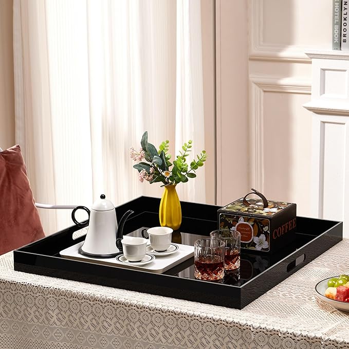20×20 inches Oversized Black Acrylic Ottoman Tray Extra Large Decorative Tray Spill-Proof Serving Trays with Handles King-Size Safe Edge Organizer for Coffee Table Countertop Breakfast