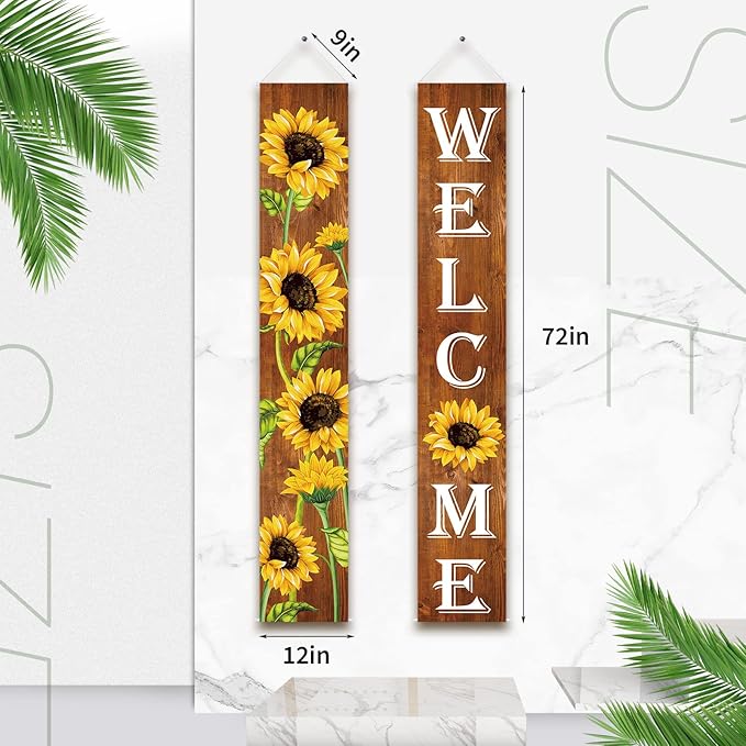 Tatuo Sunflower Welcome Hanging Banners Fall Porch Banners Flags Autumn Door Banner Thanksgiving Hanging Banner for Front Door Garden Home Yard Sunflower Party Decorations(Wood Background)
