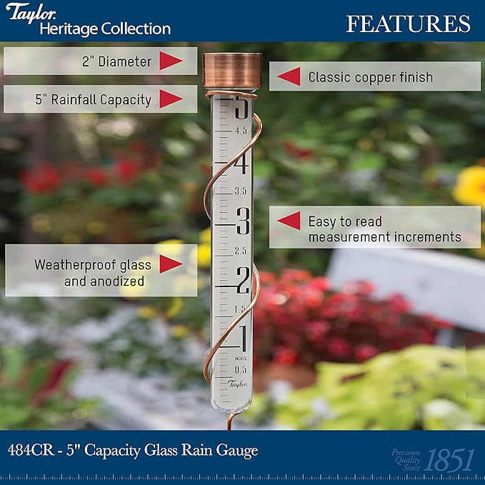 Taylor Heritage Collection Glass Rain Gauge, Measure and Monitor Precipitation, Easy to Read for Backyard, Patio, Garden, and Lawn, 5-inch, Bronze