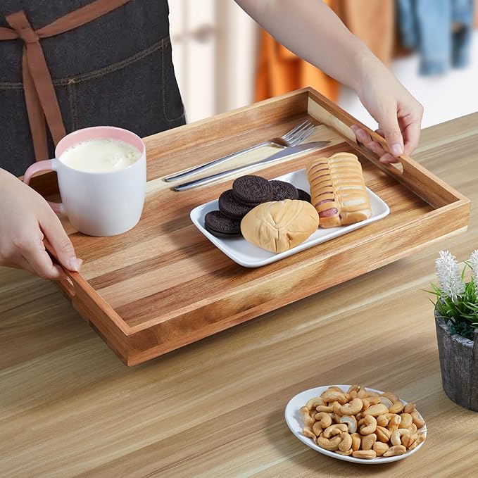 17 Inch Acacia Wood Serving Tray with Handles - Large Wooden Tray for Ottoman, Breakfast in Bed, Dinner, Coffee Table - Decorative Rectangular Tray for Living Room Bedroom Entryway and Kitchen