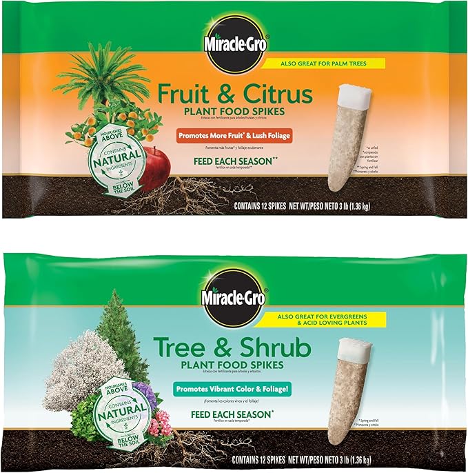 Miracle-Gro Plant Food Spikes Bundle for Fruit and Citrus Plus Trees and Shrubs, For Deciduous, Evergreen and Flowering Trees and Shrubs, 24 Spikes