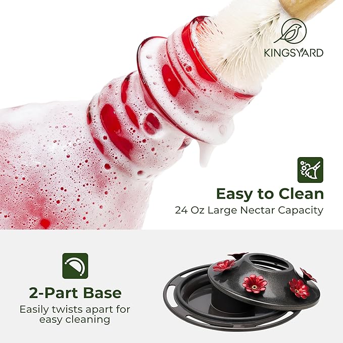 Kingsyard Glass Hummingbird Feeder - 6 Bee Guard Feeding Ports & Ant Moat, 24 oz Leak Proof, Wild Bird Feeder for Outdoors Hanging, Easy to Clean & Refill, Garden Yard Décor, Red & Pink