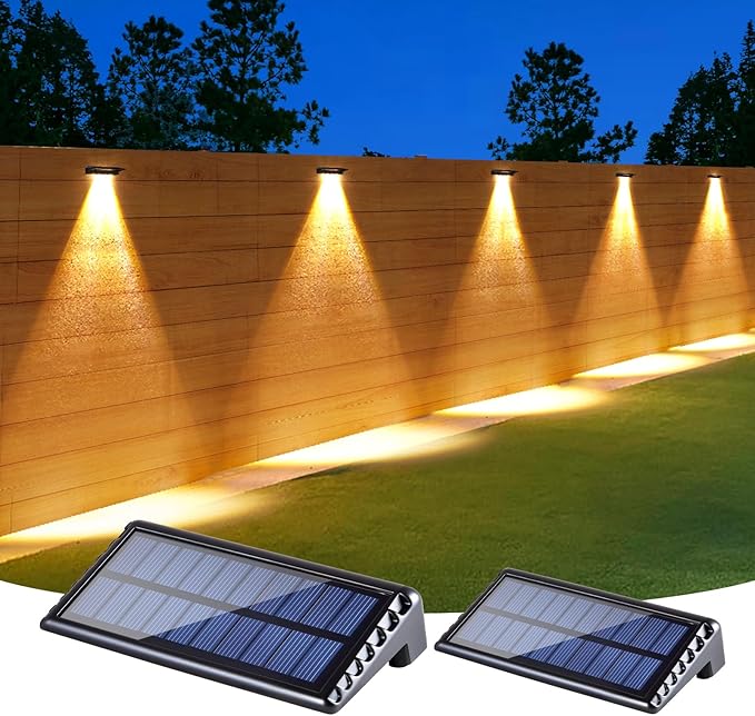 Solar Fence Lights Outdoor Waterproof LED,4LEDs Focus Lens Solar Wall Lights,Auto ON Off Warm White Outdoor Lights for Patio,Deck,Fence, Step,and Railing,Backyard Decor(2 Pack)