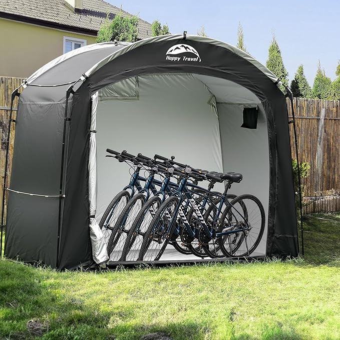 Happy Travel Bike Storage Shed Tent, Waterproof Portable Bicycle Cover with 30% More Top Storage Space for 2/3/4/5 Bikes,Clips Easy Setup Outdoor Sheds Shelter for Motorcycle, Garden Tools, Lawn Mower