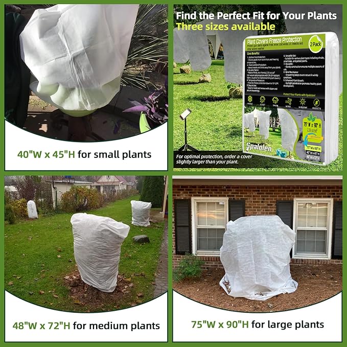 2 Pack Plant Covers Freeze Protection, 75"W x 90"H Winter Frost Blanket 2.36 oz/yd² Fabric Frost Cloth Tree Covers Shrub Jacket Bag with Zipper & Drawstring for Plants Fruit Tree Shrub Potted - White