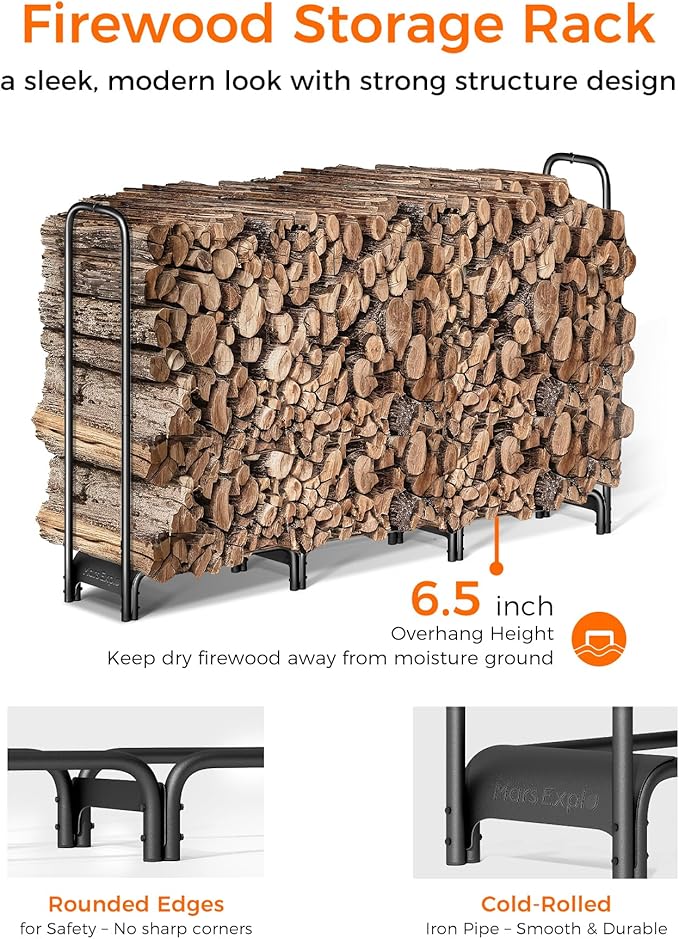 Firewood Rack 6ft, Heavy Duty Fire Wood Storage Racks for Indoor & Outdoor, Metal Log Holders for Firewood，Fireplace Wood Pile Storage Stacker Organizer, Black