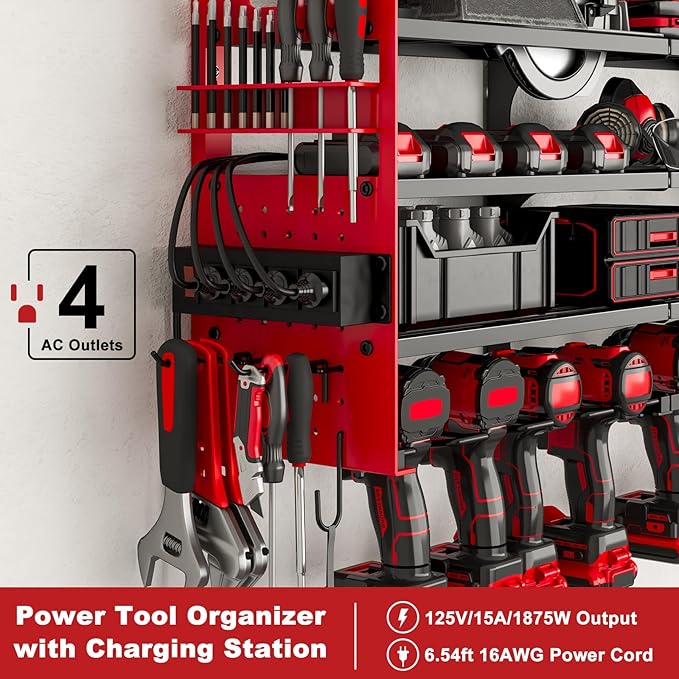 12 Cordless Drill Holder Large Power Tool Organizer Wall Mount with Side Pegboard & Screwdriver Holder, 4-Tier Heavy Duty Metal Tool Storage Rack with 4-Outlet Power Strip