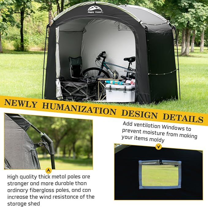 Happy Travel Bike Storage Shed Tent, Waterproof Portable Bicycle Cover with 30% More Top Storage Space for 2/3/4/5 Bikes,Clips Easy Setup Outdoor Sheds Shelter for Motorcycle, Garden Tools, Lawn Mower