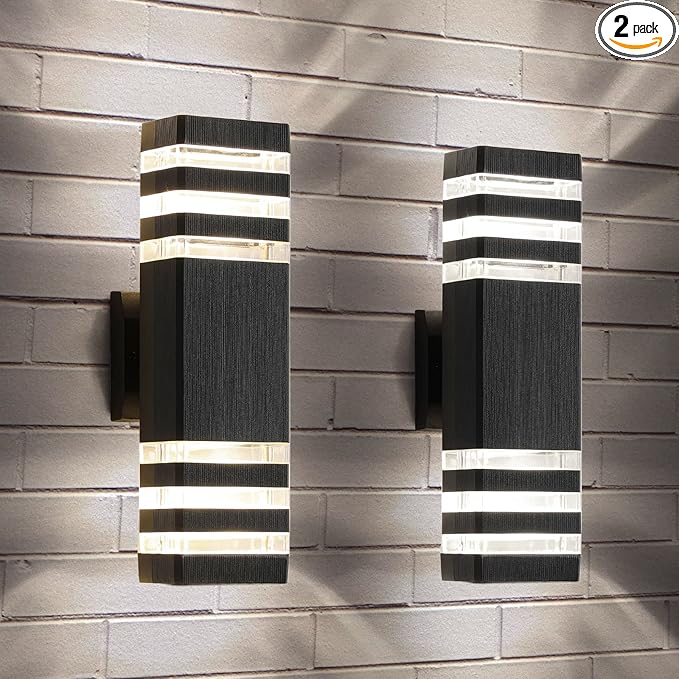 tewei Up and Down Outdoor Lights Exterior Wall Light Fixture, 3-Layer Black Modern Outdoor Lights for House, IP65 Waterproof Aluminum Exterior Wall Sconce for Porch Garage, Warm White 3000K, 2 Pack