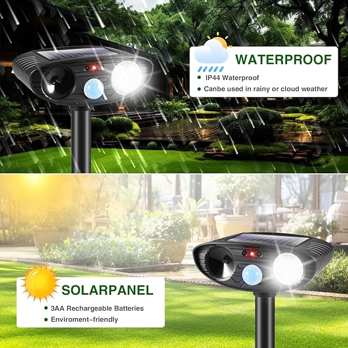 2025 Cat Repellent Device Ultrasonic Animal Repellent Outdoor Solar Animal Repeller with Motion Sensor&LED Strobe Light Deer Deterrent to Scare Dog Squirrel Raccoon Skunk Rabbit (2Pack)
