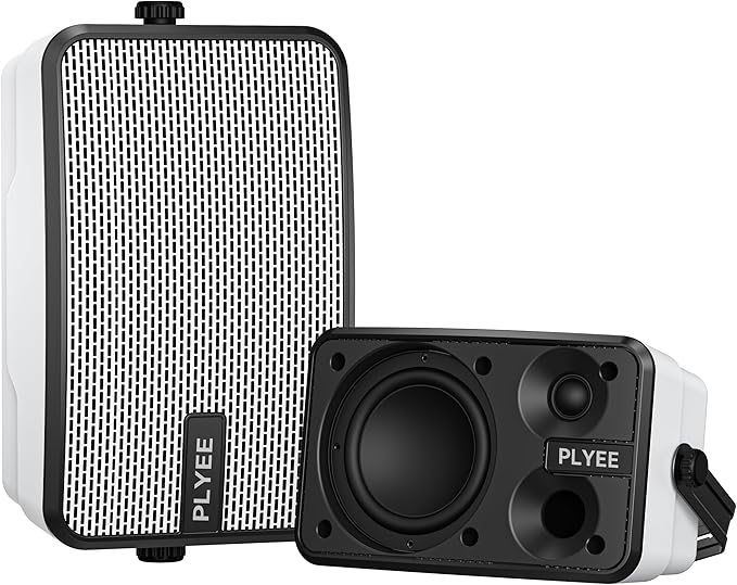 400W Outdoor Bluetooth Speakers, Wireless Sync Between Speakers, IPX5 Waterproof, Powerful Bass, Wall Mount for Patio, Porch, Gazebo, Garage, 2-Pack, White(MZ-621)