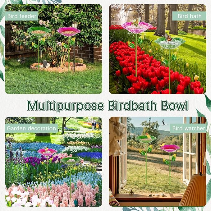 2 Pack Bird Bath for Outside, 31.3" H Metal Birdbaths, 10.63" Dia Garden Flower Bird Water Bowl, Freestanding Hummingbird Bath for Outdoors Garden Patio Yard Decor (Red,Green)