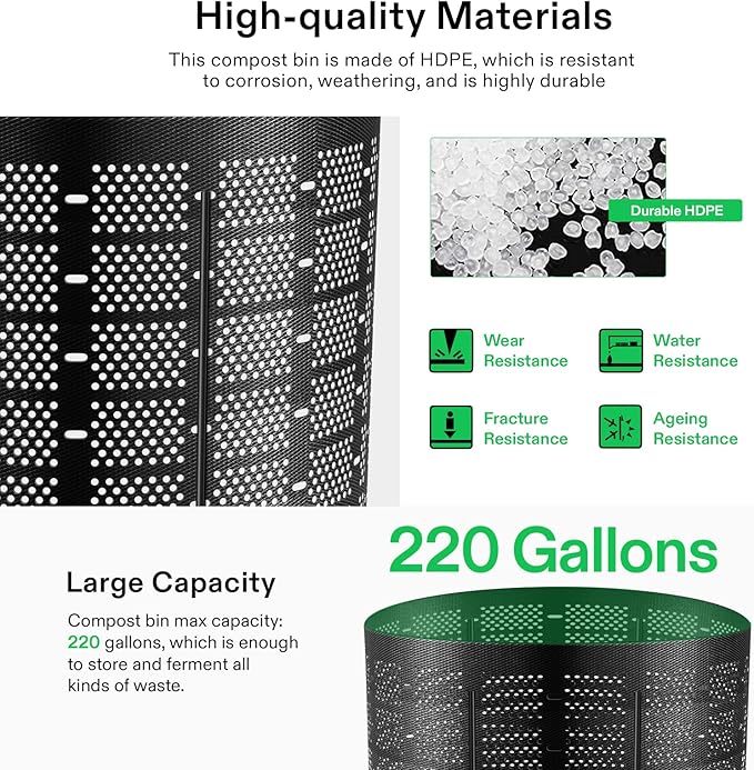 VIVOSUN 220 Gallon Outdoor Compost Bin, Expandable Composter, Easy to Setup & Large Capacity for Backyard, Lawn (Black with Gloves)