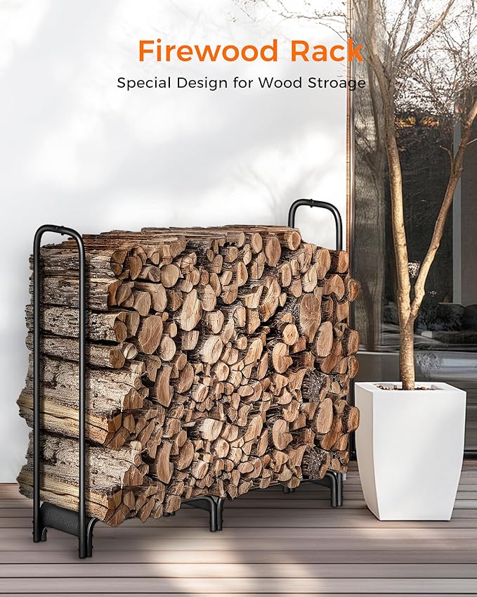 Firewood Rack，4ft Heavy Duty Fire Wood Storage Racks for Indoor Outdoor，Metal Log Holders for Firewood，Fireplace Wood Pile Storage Stacker Organizer, Black