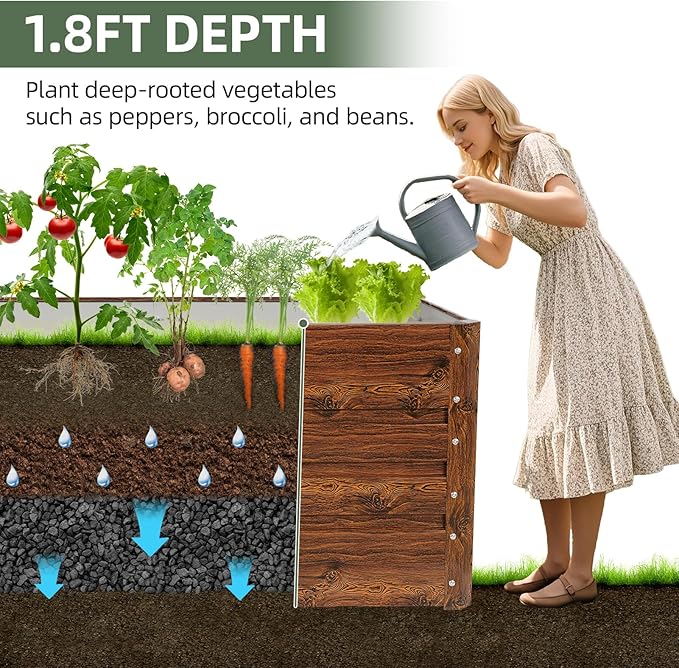 1MORE Raised Garden Bed- 4x2x1.8ft Planter Garden Boxes Outdoor, Raised Beds for Gardening, Large Metal Garden Bed Kit for Vegetables Flower, Deep Root Planter Raised Beds with Tools.Grain