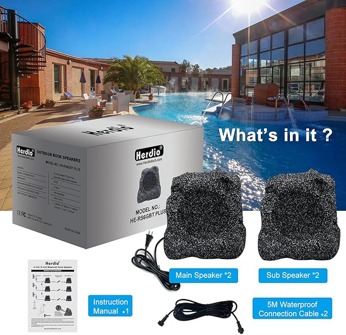 Herdio 8" Outdoor Rock Bluetooth Speakers IPX7 Waterproof Wired Max Power 1200 Watt All Weather for Deck Pool Backyard Patio Garden (2 Pair Black)