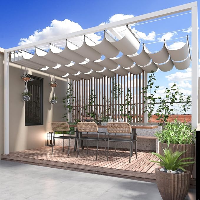 ECOOPTS 4'x29' Retractable Wave Sun Shade Canopy Pergola Cover Shade Sail Awning for Patio Porch Garden Yard Deck Outdoor (Light Grey)