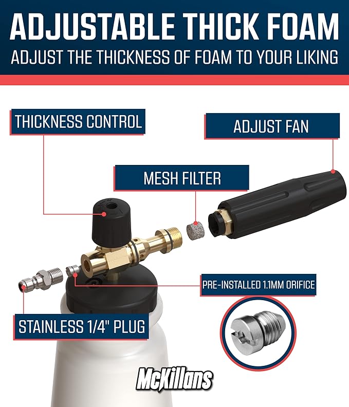 McKillans Foam Cannon for Pressure Washer (Wide Mouth) - Car Wash Snow Foam Cannon Lance Pressure Washer Soap Dispenser for Car Washing with Adjustable Thick Foam + 1/4 Quick Connector