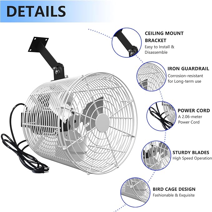 Air Circulation Fan 1/80HP 450CFM Greenhouse Ceiling Wall Mount High-efficiency Air Circulation Fan for Greenhouse, Patio, Garage