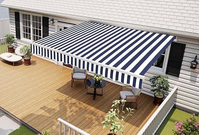 MCombo 11.5x9.5 Feet Manual Retractable Patio Door Window Awning Sunshade Shelter Outdoor Canopy,1210 (Ocean Blue with White Stripes, 11.5'(L) x 9.5'(W))