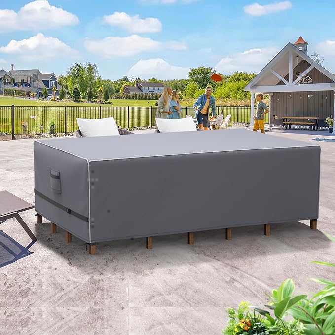Outdoor Furniture Covers Waterproof, Upgrade Windproof Patio Furniture Covers, Tear-Resistant Patio Table and Chair Set Cover with Buckle Straps and Elastic Hem, 108" L× 82" W× 28" H, Grey