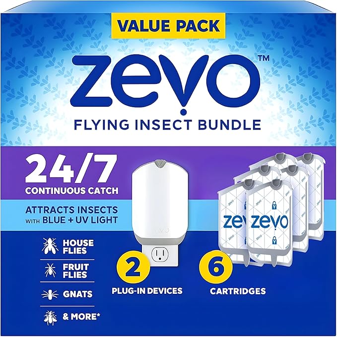 Zevo Indoor Bug Catcher Kit – 2 Plug-in Devices & 6 Refill Cartridges | Odorless Fly Trap for Gnats, Fruit Flies & Mosquitoes | Mess-Free & Safe for Indoor Use