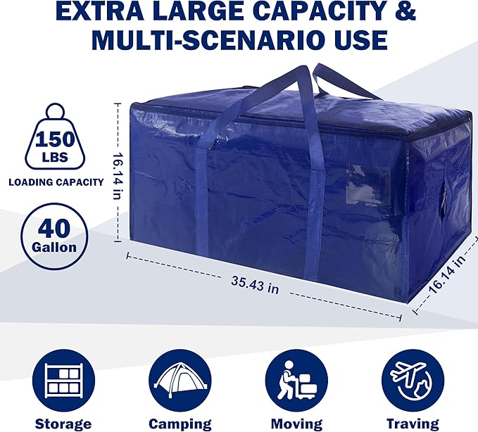 16 Pack Extra Heavy Duty Large Moving Bags with Strong Zipper & Carrying Handles, Sturdy Clothes Storage Bags Totes Bins, Packing Moving Boxes College Supplies, Dark Blue - 40 gal