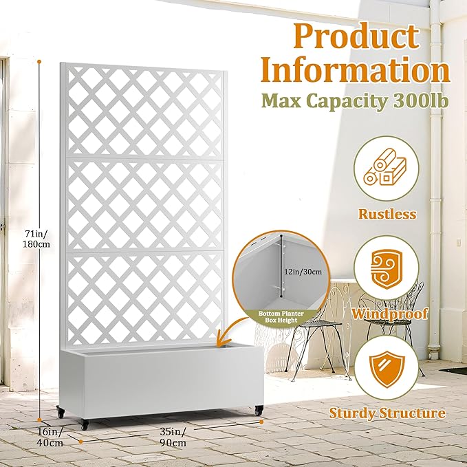 Metal Planter Box with Trellis, Heavy-Duty Raised Garden Bed for Climbing Plants, Drainage Hole, Outdoor Planter Box with Privacy Screen，35''L×16''W×71''H