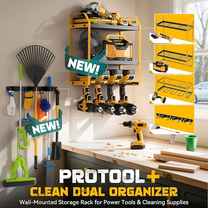 Power Tool Organizer Wall Mount with Broom Holder Combo, Yellow & Black 3-Tier Garage Storage Rack with Battery Storage, 4 Drill Holder Slots, Heavy Duty Steel 150LB Capacity