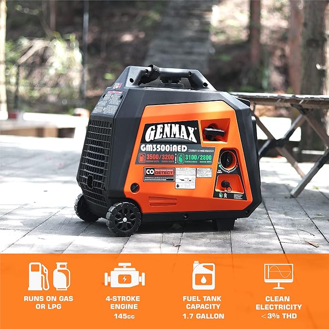 GENMAX Portable Inverter Generator, 3500W Super Quiet Gas or Propane Powered Engine with Parallel Capability, Remote/Electric Start, Ideal for Camping Travel Outdoor.EPA Compliant (GM3500iAED)