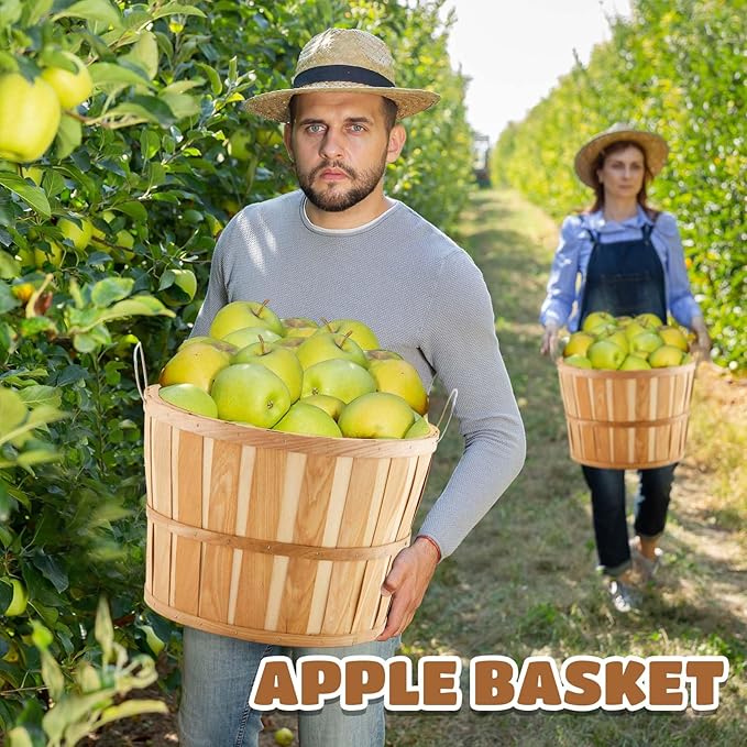 Marsui 4 Pcs Jumbo Half Bushel Baskets 14 x 9.5 inch Large Round Wooden Apple Basket with Handles Handcrafted Produce for Farmers Market Fall Harvest Fruit Personal or Commercial Use