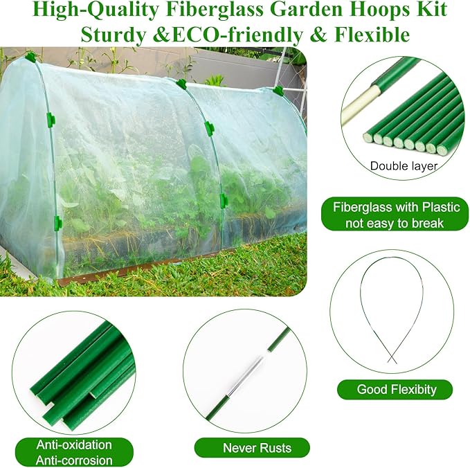 Greenhouse Hoops Grow Tunnel 6 Sets of 8FT Long Garden Hoops, Rust-Free Fiberglass Garden Hoops Frame for Garden Netting Raised Bed Plant Shade Cloth Row Cover, DIY Plant Support Garden Stakes- 36pcs