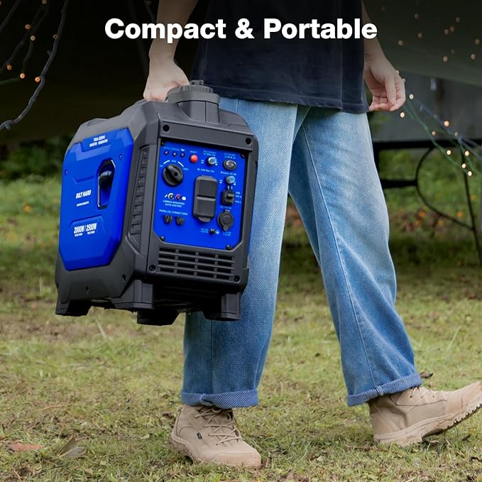 BILT HARD Generator 2500 Watt, Quiet Inverter Generator Portable 80cc 4 Stroke Engine, CO Sensor, Parallel Ready, 120V AC Duplex Receptacle and 12V DC Output, Outdoor Generators for Home Backup Use