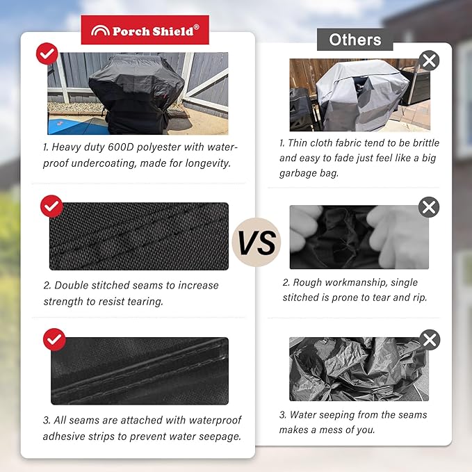 Porch Shield 64W x 24D x 48H inch Premium Gas Grill Cover Up to 64 inch, Waterproof and Fade Resistant 600D BBQ Covers for Weber, Brinkmann, Char-Broil and More, Black