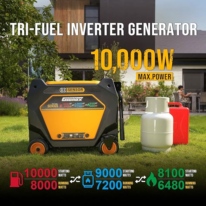 10000W Tri-Fuel Portable Inverter Generator, Gas, Propane & Natural Gas Powered, ATS Ready, 50A Ultra Outlet, Remote Start, CO Sensor, ECO Mode, Quiet Inverter for Home Backup & RV Use