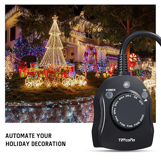 TiFFCOFiO Outdoor Timer Outlet, Dusk to Dawn Light Sensor Timer Weatherproof, 2 Grounded Outlets for Halloween and Christmas Lights, 15A 1/2HP, ETL Listed