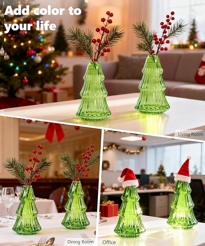 Nacome 2Pcs Tree-Shaped Glass Plant Terrarium,Planter Propagation Station Christmas Tree Decorations for Hydroponics Home Office, Unique Gifts for Plant Lovers Women Mom(Green)