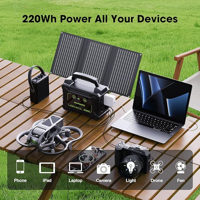 MARBERO 200W Portable Camping Generator 222Wh High Capacity Power Bank with 40W Solar Panel, Multi-Output Ports Charging for IPhone,Laptops, Cameras,Drones, Suitable for Outdoor Camping, RV