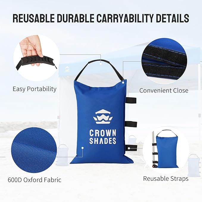 CROWN SHADES Sand Bags for Canopy Legs (150 LBS) Sandbags for Weight, Canopy Weights, Pop Up Tent Weights Bags, Blue (Unfilled)