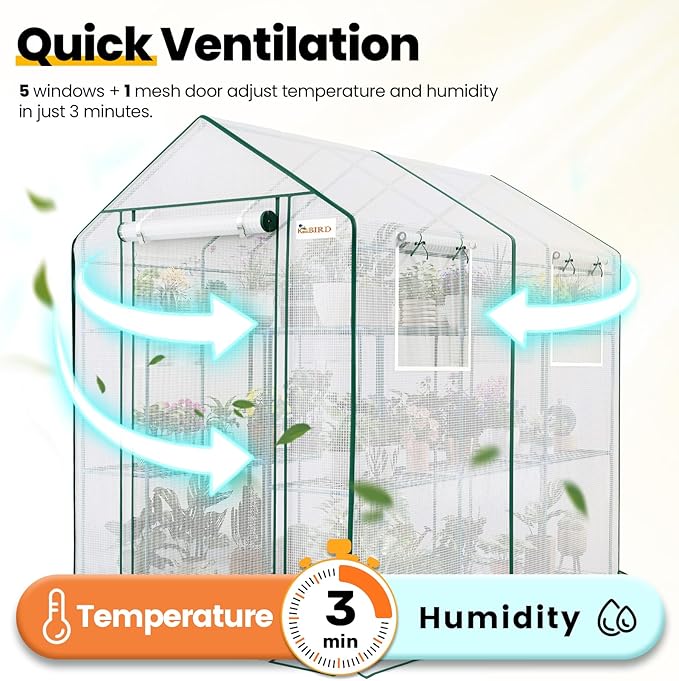 KING BIRD Premium Greenhouse for Outdoors, 84 x 56 x 77 Upgraded PE Cover & Steel Frame Walk in Hot House, w/ Zippered Screen Windows Mesh Door, 3 Tiers 20 Shelves for Outside Garden, White