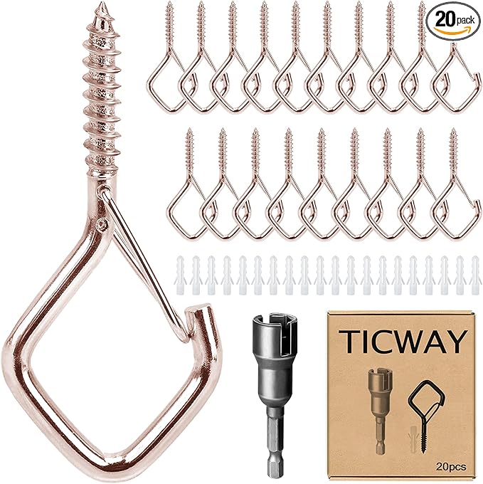 20 PCS Ceiling Hooks for Hanging Plants,Screw Hooks for Wind Chimes,Bird Feeder,Lanterns,Christmas Decorations Outdoor String Lights (Rose Gold)