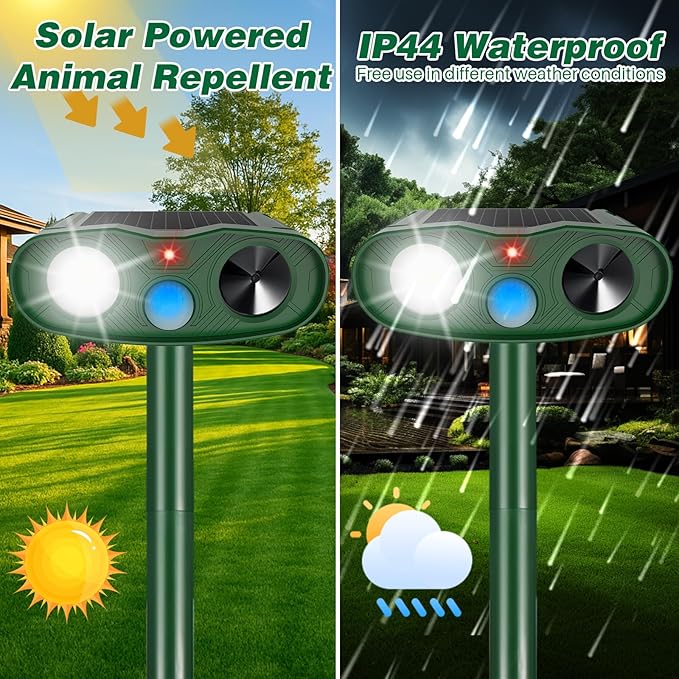 2025 Racoon Squirrel Sonic Fortress Pro Rabbit Repellent Outdoor, Solar Ultrasonic Animal Repeller Deer Deterrent with Motion Sensor&Flash Light to Scare Cat Dog Skunk Out of Garden Farm Yard(4Pack)