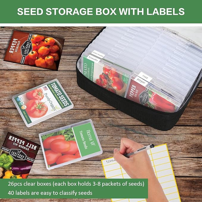26 Slots Seed Storage Organizer Box with Insulated Bag That Holds 80-200 Seed Envelopes, Oxford Cloth Garden Seed Containers with Labels, Seed Packet Organizer for Plant, Flower ,Vegetable Seeds