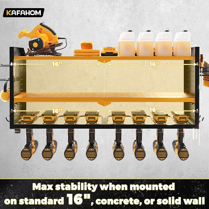 KAFAHOM Power Tool Organizer with Charging Station, Built in 8 Outlet Power Strip,Large 8 Drill Holder Wall Mount, Heavy Duty Metal Power Tool Storage Rack Tool Shelf for Garage Organization Black