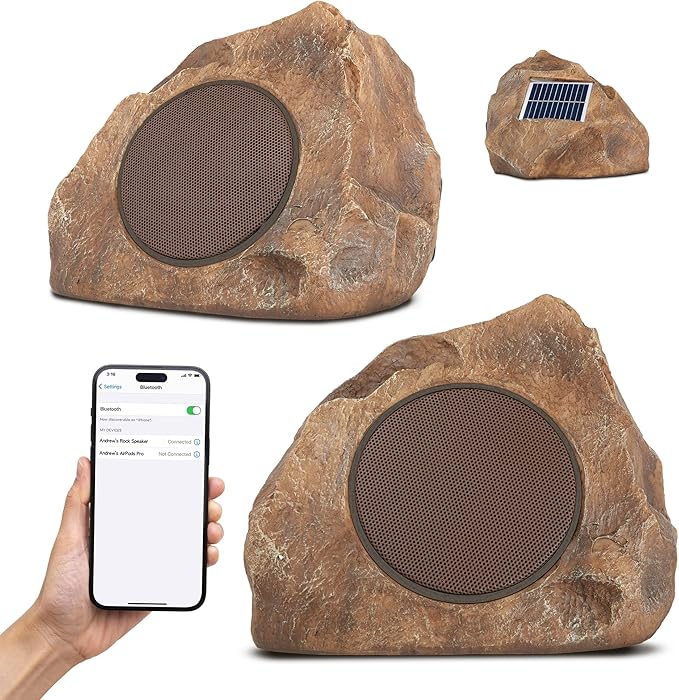 Homewell Outdoor Rock Speaker Solar-Powered Wireless Bluetooth 5.0 Portable Speaker Weatherproof for Patio, Pool, Deck, Yard, Garden and Home (Brown, 2-Pack)