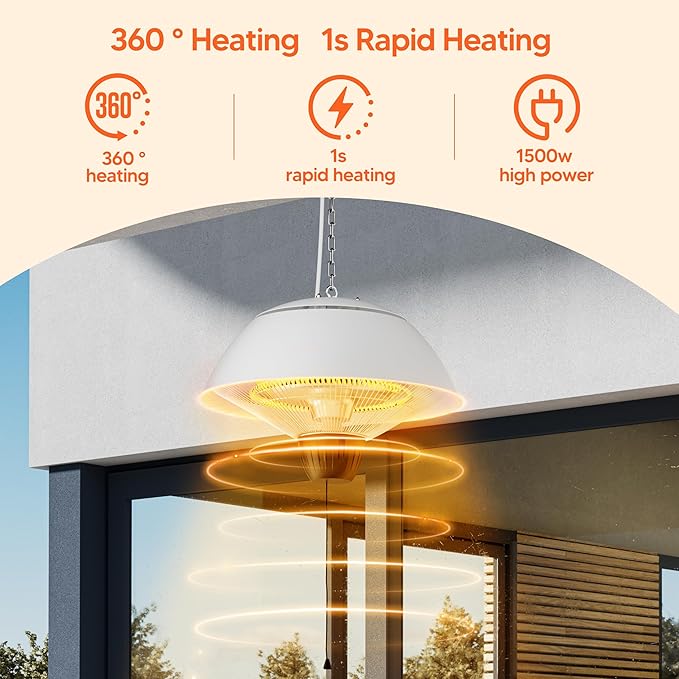 Electric Outdoor Heater, 1500W Outdoor Hanging Heater, Ceiling Mounted Infrared Patio Heater for Outdoor Use, Waterproof Electric Heater for Porch, Balcony, Garage, Adjustable Height, White